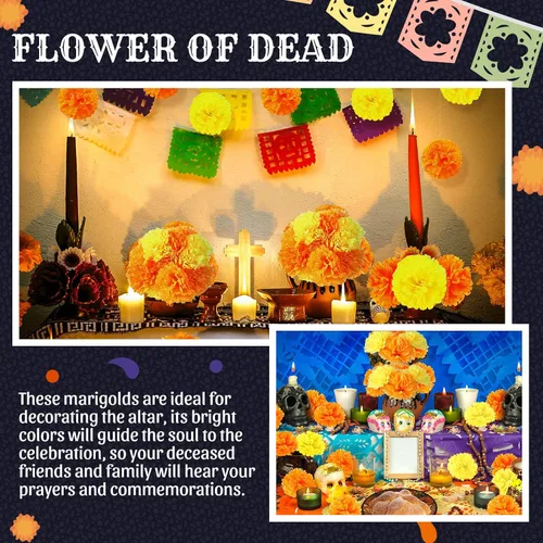 Vista 3 de 100 flores artificiales de caléndula con tallos de 3.5 pulgadas, flor falsa de caléndula de seda para fiesta de Halloween, decoración de altar