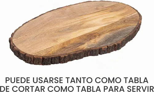 Vista 5 de GoCraft Tabla de cortar ovalada de madera con borde de corteza de árbol Tabla de cortar de madera de mango con borde vivo, preparación y servir