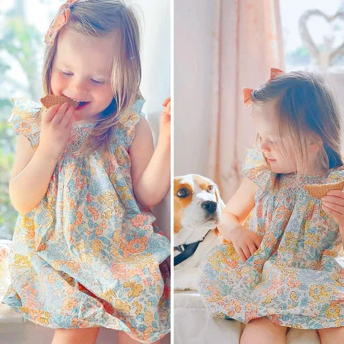 Vista 3 de Simplee kids Vestido casual para niñas pequeñas, vestido fruncido con estampado floral para primavera y verano de 1 a 6 años
