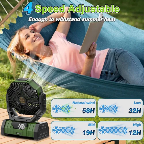 Vista 3 de Ventilador de campamento recargable de 20000 mAh, ventilador portátil oscilante automático para acampar con control remoto y linterna LED