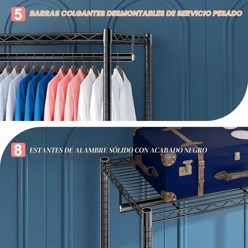 Vista 3 de Raybee Perchero de ropa para colgar ropa, capacidad de 900 libras, armario portátil resistente con 5 barras de suspensión y 8 estantes