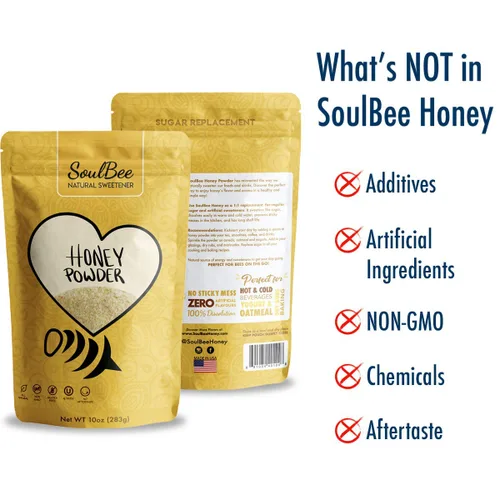 Vista 5 de SoulBee Honey Powder - Miel deshidratada como edulcorante natural para bebidas y comidas, baja en calorías y disolución fácil y rápida en líquidos