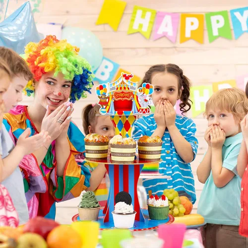 Vista 5 de Zopeal Soporte de 3 niveles para cupcakes con temática de circo para decoraciones de fiesta de cumpleaños, carnaval, mesa de postre, soporte