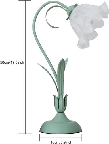 Vista 6 de Lámpara de mesa moderna regulable, lámpara de mesa de noche estilo flor verde con pantalla de cristal, lámpara de escritorio con interruptor