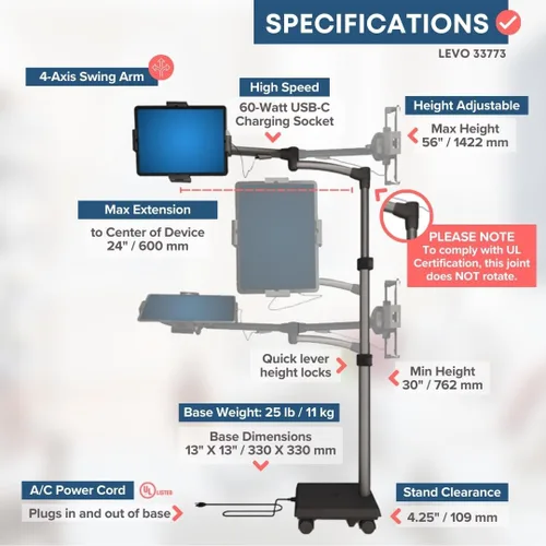 Vista 5 de Levo Soporte de tableta rodante comercial G2, carro médico de carga USB-C