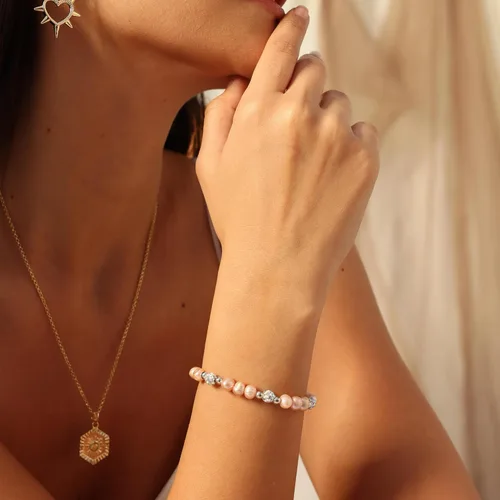 Vista 5 de Rosedate Pulsera de perlas naturales con incrustaciones de diamantes, pulsera de flores doradas, elegante y exquisita para mujeres y niñas, regalo