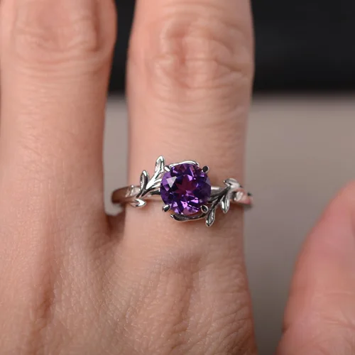 Vista 4 de Luo Anillos de Plata de Ley 925 de 7MM con Forma Redonda y Piedras Preciosas, Anillos de Compromiso con Diseño de Hoja, Anillos de Promesa