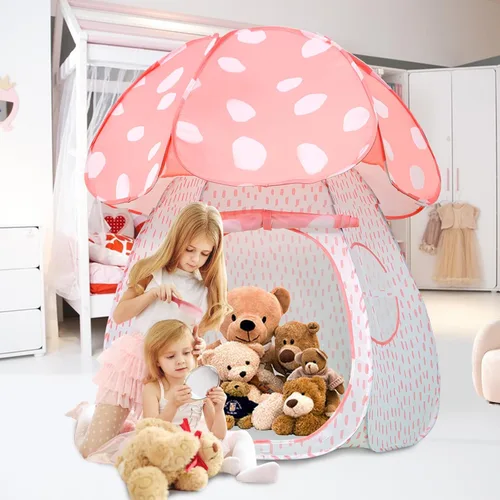 Vista 3 de Carpa de juegos para niños con diseño exquisito Pop Up Carpa para interiores y exteriores Casa de juegos para niños y niñas con diseño de hongo Rosa