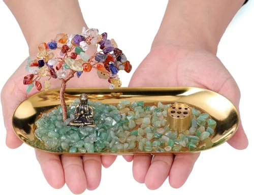 Vista 4 de Jovivi Soporte de incienso de cristal para palos, piedra de cristal curativo, árbol de dinero, juego de estatua de Buda, quemador de incienso