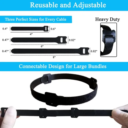 Vista 3 de 60 bridas mixtas para cables, 4 pulgadas + 6 pulgadas + 8 pulgadas, bridas de cable, correas de cable, organizador de cables, ajustable, resistente