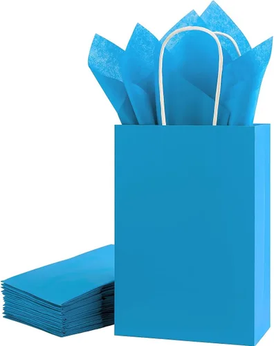 Vista 8 de SUNCOLOR Bolsas de regalo negras con asas, paquete de 24 bolsas pequeñas de papel kraft para fiestas, 7.9 x 5.12 x 3.15 pulgadas con papel de seda