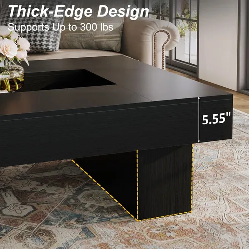 Vista 5 de LVB - Mesa de café negra, mesa de sala moderna de madera con LED y almacenamiento, mesa central única de gran tamaño y forma rectangular con luz