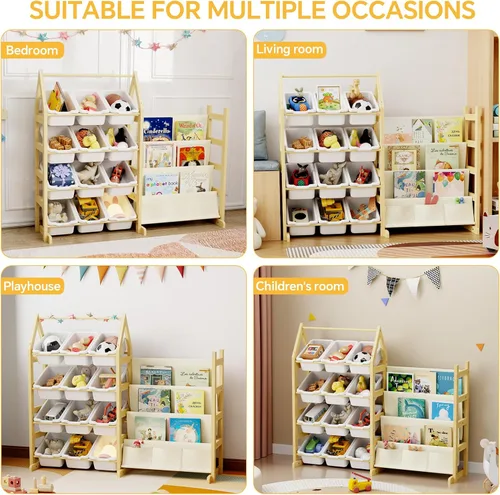 Vista 6 de Organizador de Almacenamiento de Juguetes de Madera Estantería para Niños, con 12 Contenedores Organizadores de Juguetes, Estante de Libros
