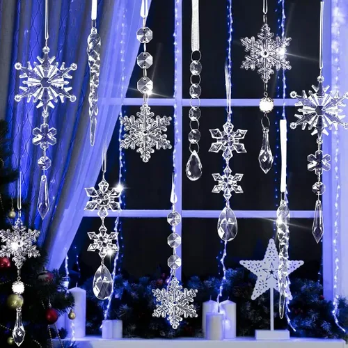 Vista 5 de 18 piezas de adornos de copo de nieve de cristal y carámbano para árbol de Navidad, adornos acrílicos colgantes de copo de nieve y carámbano