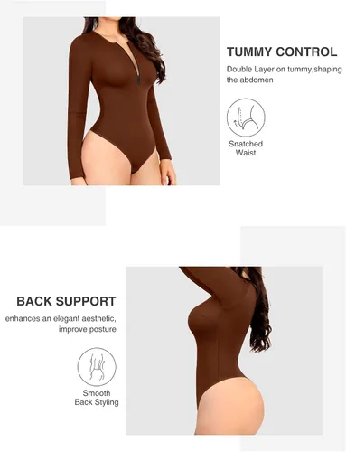 Vista 6 de Women's Deep V Long Sleeve Bodysuit for Women Zip Up Bodysuit Brown & Black Bodysuit Women Zip Front