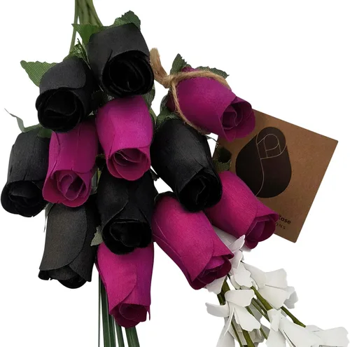 Vista 8 de Ramos originales de rosas de madera en 1, 2, o 3 docenas, Madera de abedul, Completamente negro, 1 Docena
