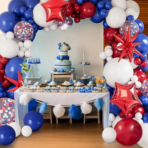 Vista 6 de Kit de guirnalda de arco de globos azules, blancos y rojos: 127 globos de aluminio con forma de estrella de explosión roja para cumpleaños