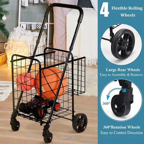 Vista 4 de IRONMAX - Carrito de compras plegable, resistente, con mango ajustable, cesta extra y ruedas giratorias de 360°, carrito ligero para compras, Negro