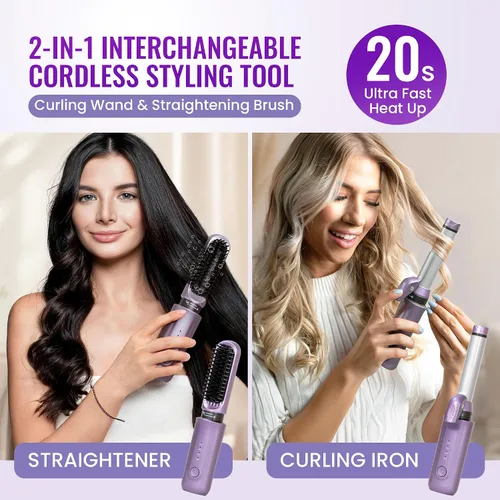Vista 2 de Rizador de pelo inalámbrico 2 en 1, herramientas de pelo recargables de tamaño de viaje, cepillo alisador de pelo inalámbrico intercambiable