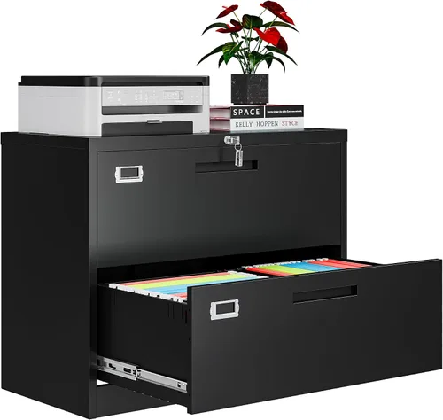 Vista 11 de Archivador de 2 cajones con cerradura, archivadores metálicos para oficina en casa, gabinete pequeño vertical negro para oficina en casa, archivador