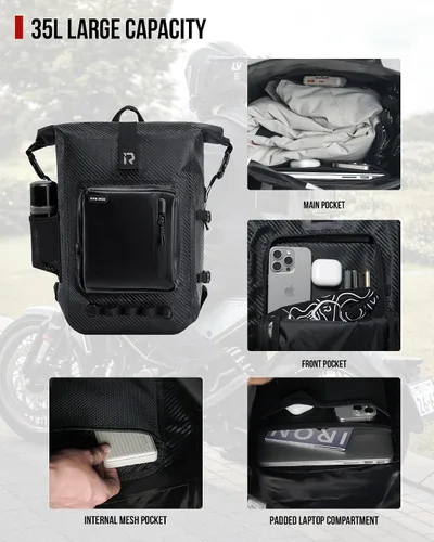Vista 4 de RIDEIRON Mochila impermeable para motocicleta, bolsa seca con cierre superior enrollable para kayak, viajes, surf, navegación Fibra de carbono