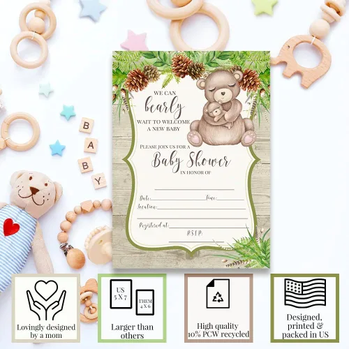 Vista 3 de AmandaCreation - Invitaciones para baby shower de Woodland Mom & Baby Bear para niños o niñas, 20 invitaciones de doble cara de 5 x 7 pulgadas