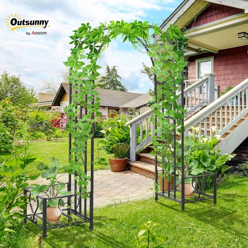 Vista 2 de Outsunny Cenador de arco de jardín de acero de 6.7 pies con corazones enrollados, jardineras para enredaderas, ceremonias, bodas, fiestas, patio