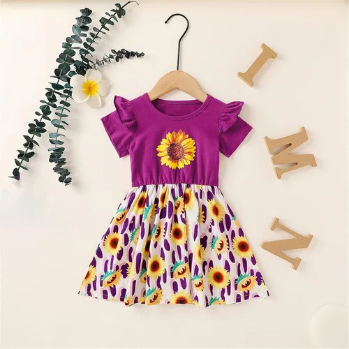 Vista 7 de Vestido de verano con estampado de leopardo y botones de encaje y manga corta para niñas pequeñas