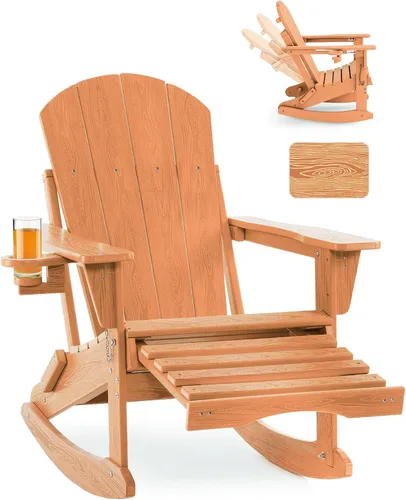 Vista 19 de Mecedora plegable Adirondack, silla de patio multifuncional 4 en 1 con otomana retráctil, silla de exterior con textura de madera, silla de césped