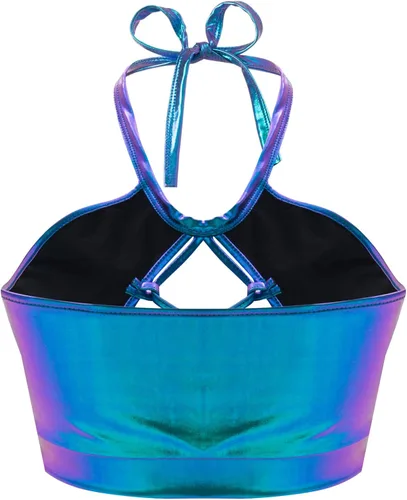 Vista 4 de SFBBCLOZ Conjunto de 2 piezas para mujer con aspecto mojado parte superior corta metálica brillante minifalda para fiesta club festival rave