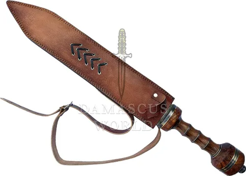 Vista 6 de Espada de Gladius Romana de 26" hecha a mano de acero de Damasco Histórico Imperio Romano Espada de gladiador Mango de palisandro con funda de cuero