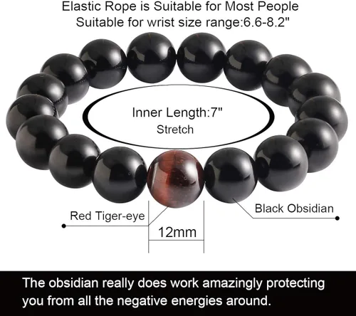 Vista 4 de Jewever Pulsera de obsidiana negra con ojo de tigre para hombre y mujer, cristal curativo elástico, cuentas de 0.472in, unisex, 7.0in