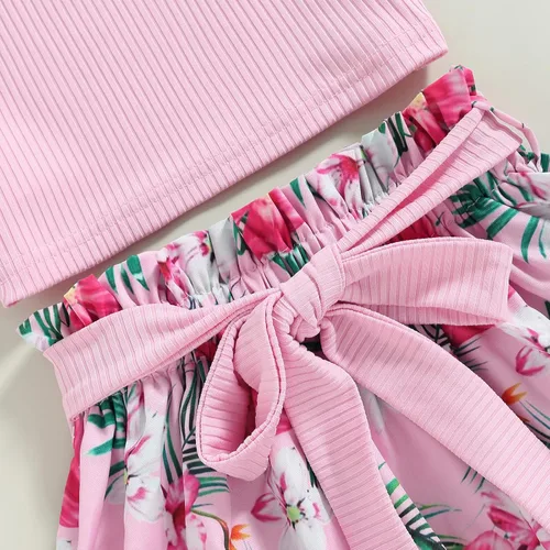 Vista 179 de TheFound Trajes de verano para niñas pequeñas, sin mangas, de punto acanalado, halter, pantalones cortos, ropa para recién nacidos, conjunto de 3