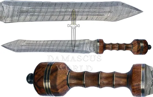 Vista 2 de Espada de Gladius Romana de 26" hecha a mano de acero de Damasco Histórico Imperio Romano Espada de gladiador Mango de palisandro con funda de cuero