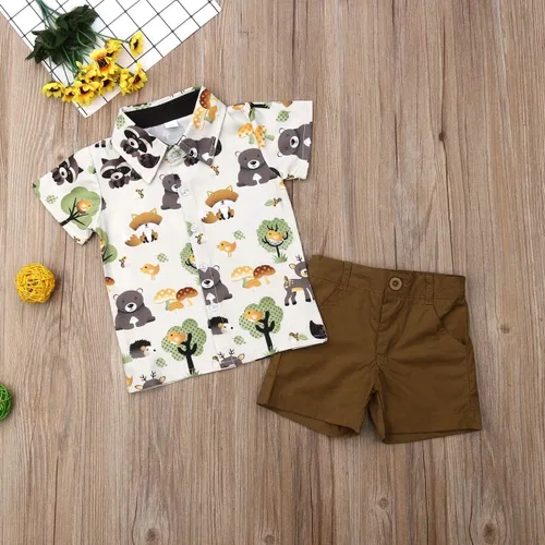 Vista 55 de Conjunto de camisa de manga corta con botones y pantalones cortos casuales con diseño de flamingo, para bebés y niños de 1 a 6 años, atuendos