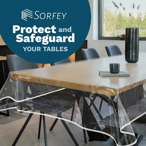 Vista 7 de Mantel de plástico para mesa, protector de mantel de plástico transparente, con borde, 60 x 84 pulgadas, rectangular, impermeable y resistente al