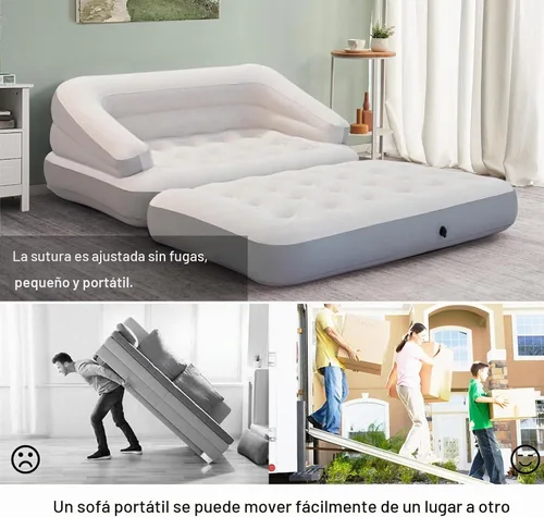 Vista 6 de Sofá cama inflable para camping, flotador de piscina, colchón flocado al aire libre con reposabrazos, tamaño matrimonial