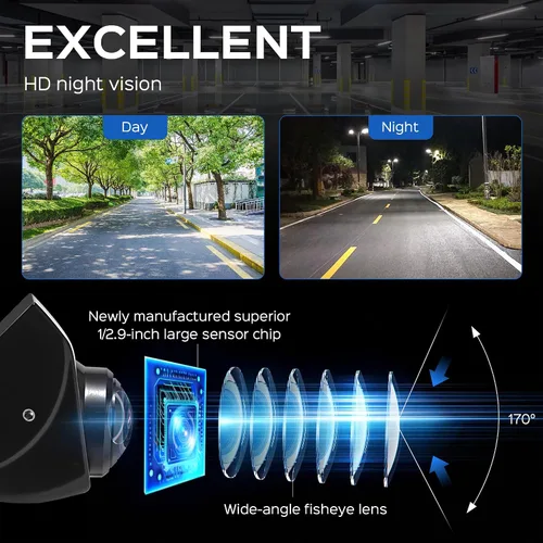 Vista 2 de Cámara de respaldo con vista frontal conmutable – 1080P metal AHD, visión trasera gran angular de 170°, visión nocturna súper clara, inversa Negro