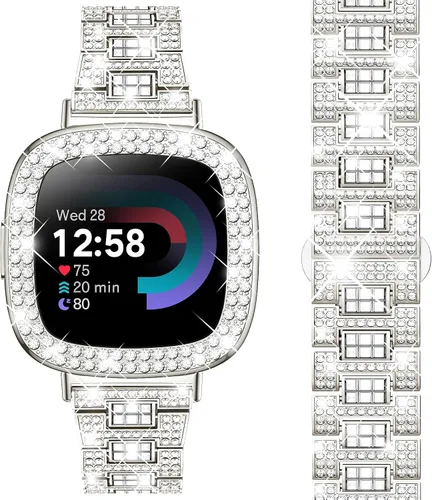 Vista 12 de Dsytom Bling Banda de Reloj Elegante Compatible con Fitbit Versa 4, Sense 2, Versa 3, Sense - Correa Linda con Funda Protectora de Rinstone