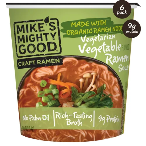 Vista 4 de Taza de ramen de caldo de hueso de cerdo Mike’s Mighty Good (Paquete de 6) – 8g de proteína Fideos ramen instantáneos – Orgánicos al vapor, sin OGM