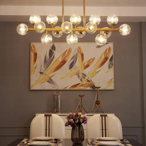 Vista 2 de Candelabro rectangular moderno con 16 luces, lámpara de techo colgante dorada, pantallas de cristal transparente, candelabros dorados para comedor