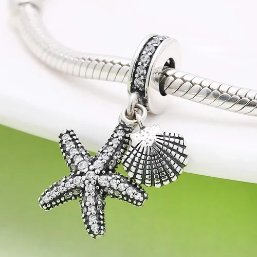 Vista 3 de Abalorios de estrella de mar de mar de plata de ley 925 colgantes espaciadores con piedra CZ para pulseras Pandora