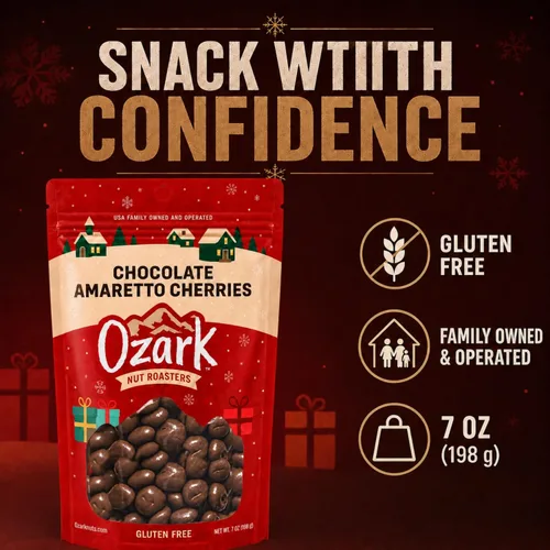 Vista 5 de OZARK NUT ROASTERS: Cerezas de chocolate y amaretto, embalaje festivo de Navidad de temporada, cerezas recubiertas de chocolate con leche gourmet