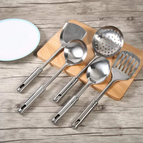 Vista 6 de Juego de 5 utensilios de cocina de acero inoxidable, juego de utensilios de cocina versátiles con mango ergonómico para cocina