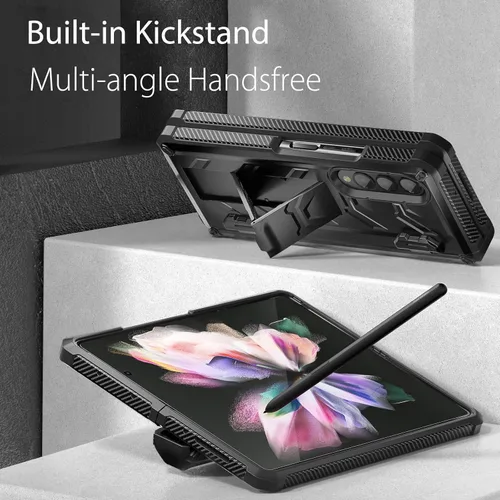 Vista 4 de Funda resistente para Samsung-Galaxy-Z-Fold-3 con soporte integrado [soporte para bolígrafo S] [protector de pantalla] [protección de bisagra], Negro