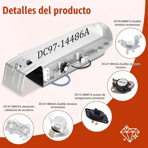 Vista 2 de DC97-14486A Reemplazo del elemento calefactor para secadora Samsung dv40j3000ew/a2 dv45h7000ew/a2 dv42h5000ew/a3 dv42h5200ep/a3 dv42h5200ew/a3