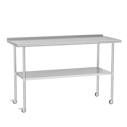 Vista 14 de Mesa de acero inoxidable con ruedas de 24 x 30 pulgadas, mesa de trabajo utilitaria con estante inferior ajustable para cocina comercial, garaje