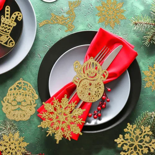 Vista 8 de Adorno de copo de nieve dorado para decoración de árbol de Navidad, 42 piezas de plástico con purpurina dorada, calcetín de copos de nieve dorados