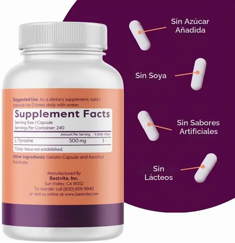 Vista 3 de BESTVITE L-tirosina 500 mg (240 cápsulas) - Sin estearatos - Sin OMG - Sin