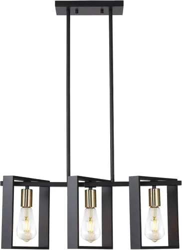 Vista 8 de 9MMML Lámpara de 3 luces para isla de cocina, lámpara de comedor negra, con marco de madera, para sala de estar, vestíbulo, entrada, pasillo, E26